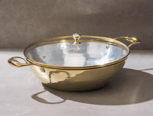 Flat Base Brass Kadhai with Glass Lid-Naturally non stick, Non Toxic, Teflon Free